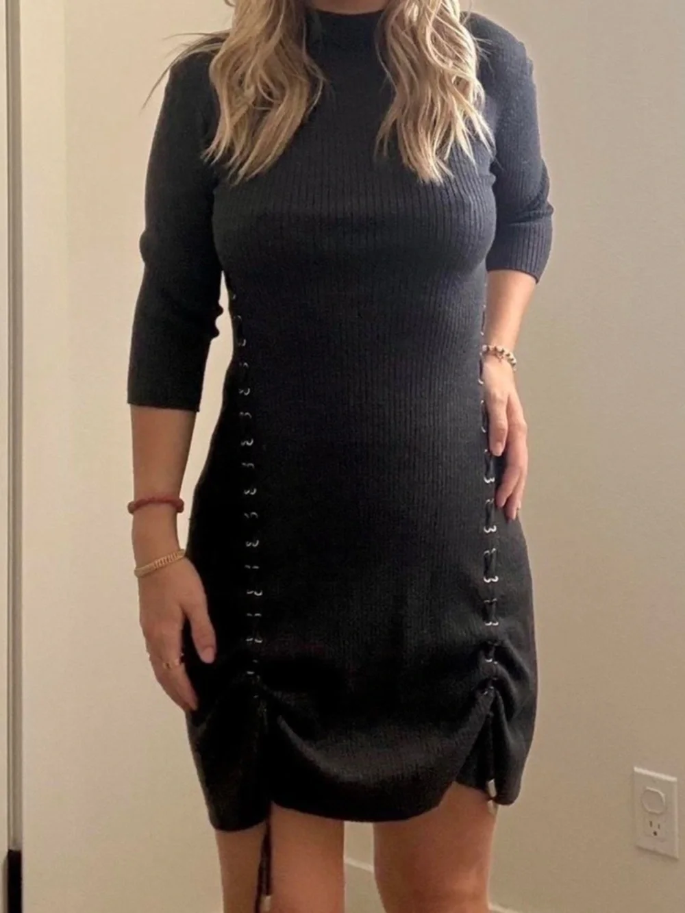Maje Ribbed Knit Midi Dress Grey Acrylic Lace Eyelet Detail Three Quarter Sleeve